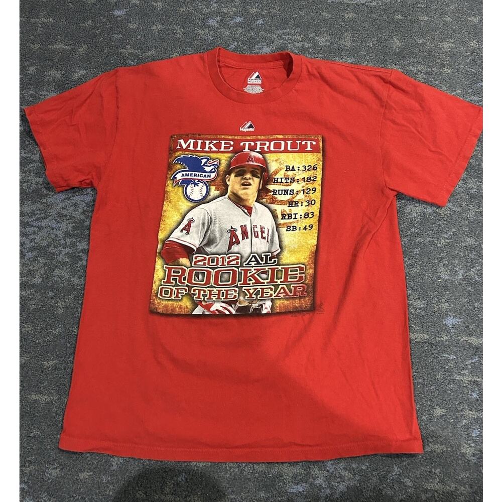 Majestic Mike Trout Shirt Mens L Red 2012 MLB Rookie Of The Year Graphic